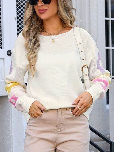 Angel Wings Flower Round Neck Dropped Shoulder Sweater - Hovatok