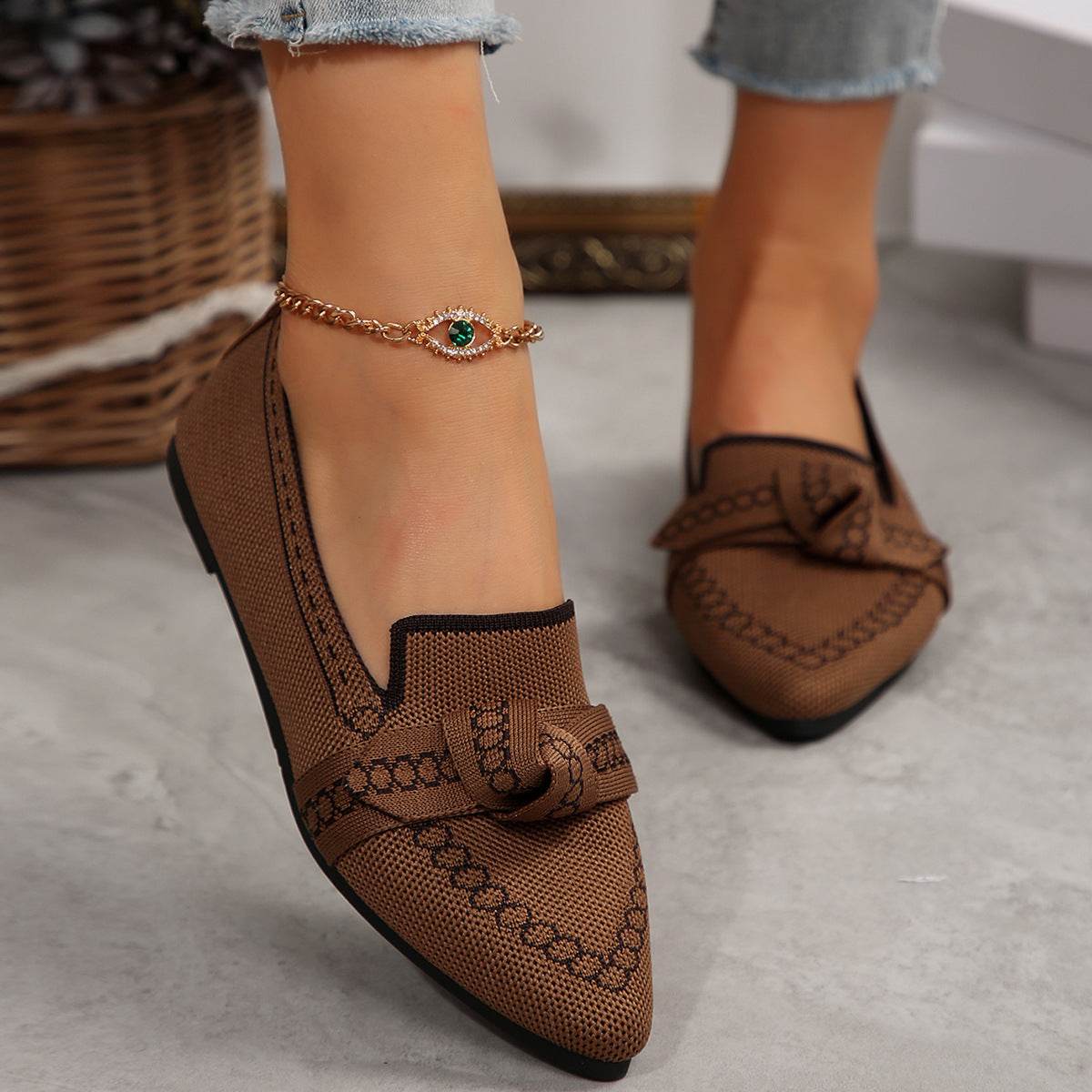 knitted Slip-On Flats with Bow - Hovatok