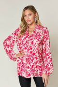Double Take Full Size Printed Ruffle Trim Balloon Sleeve Shirt - Hovatok