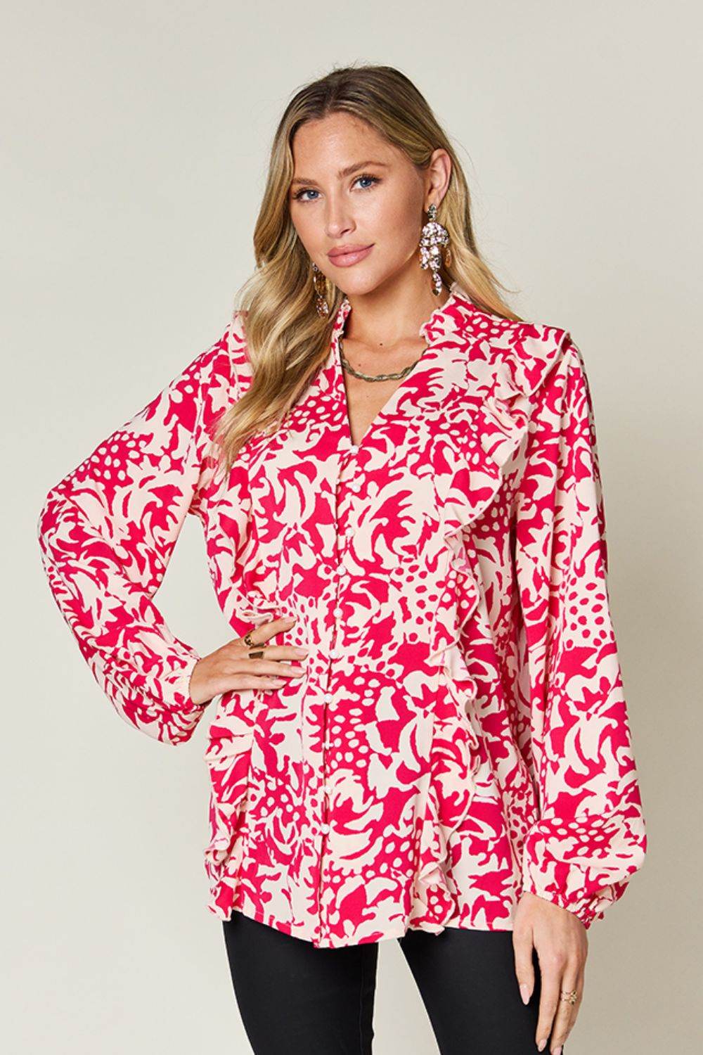 Double Take Full Size Printed Ruffle Trim Balloon Sleeve Shirt - Hovatok