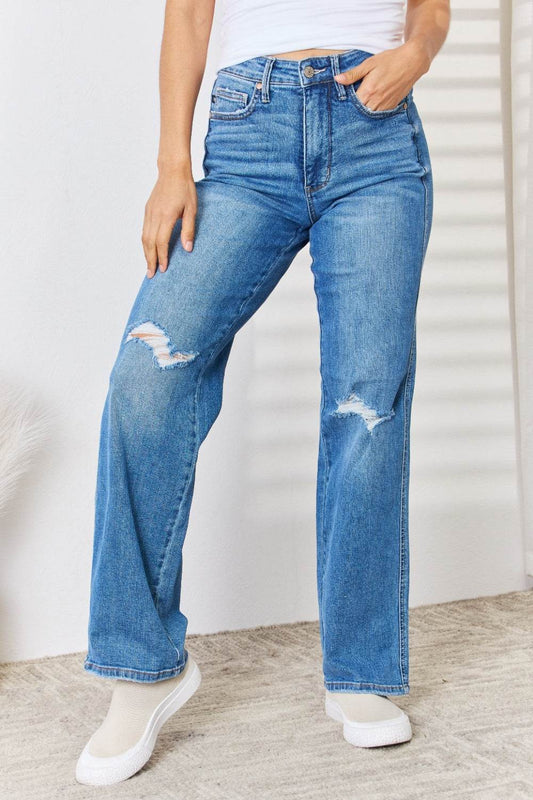 Judy Blue Full Size High Waist Distressed Straight-Leg Jeans - Hovatok