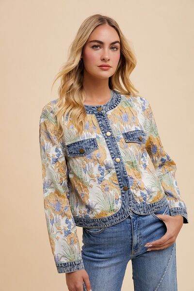 Annie Wear Floral Jacquard Denim Contrast Button Down Jacket - Hovatok