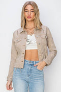 RISEN Full Size Raw Hem Button Up Cropped Denim Jacket Plus Size - Hovatok