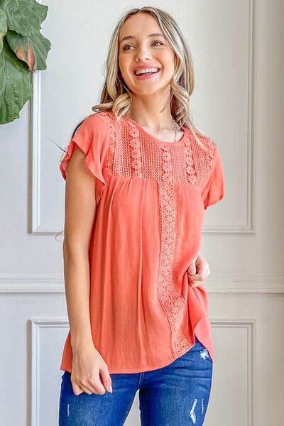 And The Why Lace Detail Ruffle Short Sleeve Blouse - Hovatok