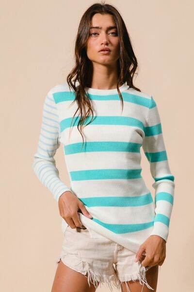 BiBi Contrast Striped Asymmetrical Hem Knit Top - Hovatok