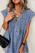 Tie V Neck Tucking Detail Short Sleeve Denim Dress - Hovatok