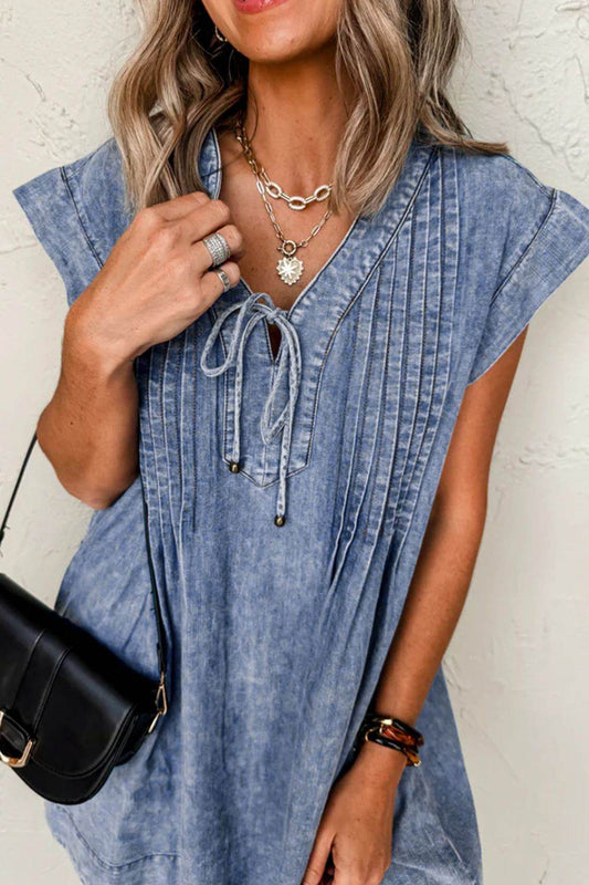 Tie V Neck Tucking Detail Short Sleeve Denim Dress - Hovatok