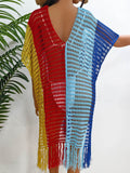 Fringe Color Block Scoop Neck Cover Up - Hovatok