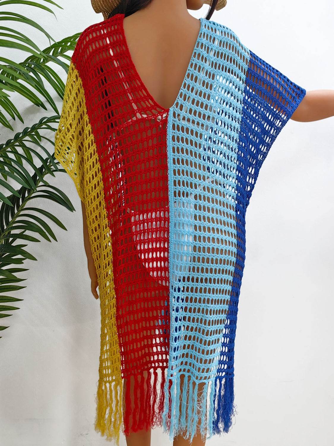 Fringe Color Block Scoop Neck Cover Up - Hovatok