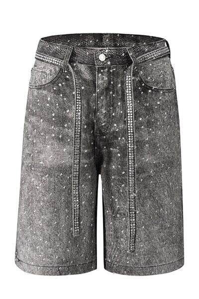 Men's Washed Rhinestone Denim Bermuda Shorts - Hovatok