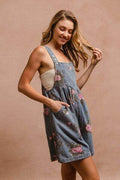 BiBi Flower Printed Wide Strap Denim Overalls - Hovatok