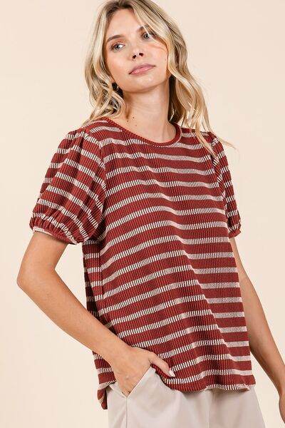 Mittoshop Contrast Striped Short Puff Sleeve Knit Top - Hovatok
