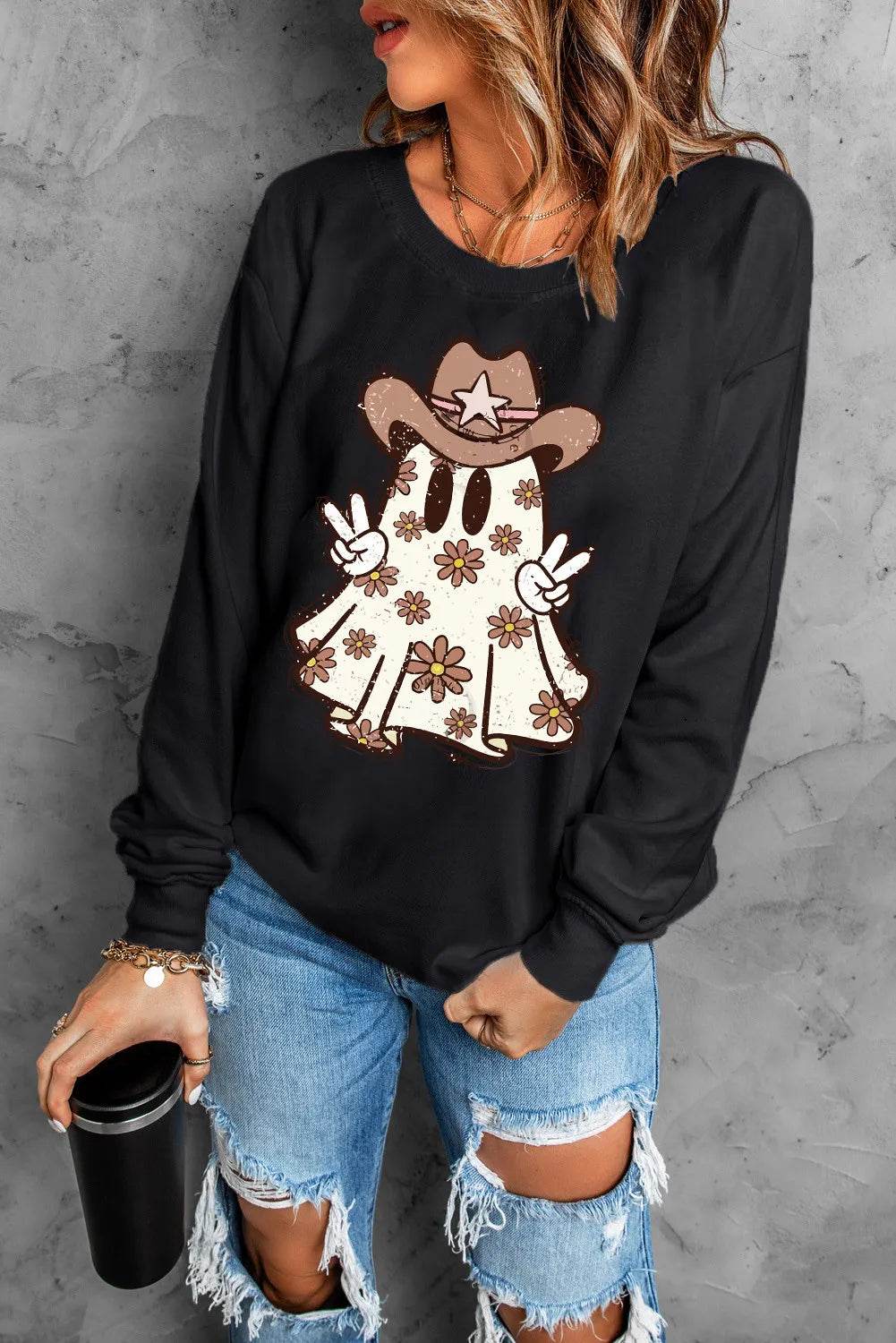 Ghost Round Neck Long Sleeve Sweatshirt - Hovatok