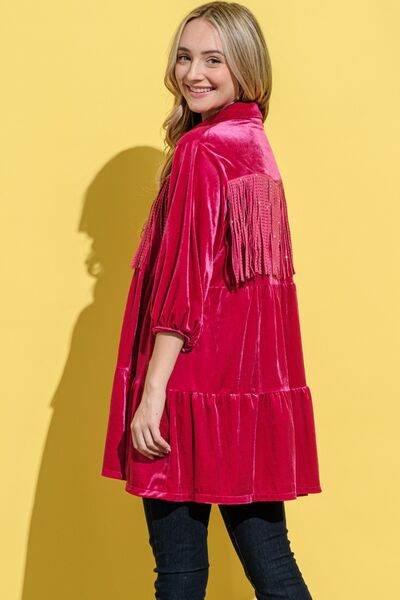 And The Why Fringe Detailed Velvet Shirt Dress - Hovatok