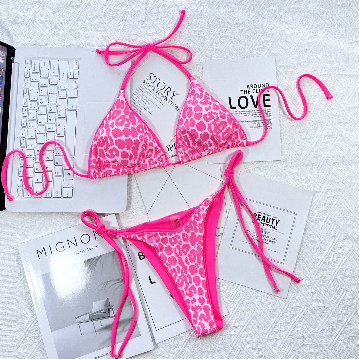 Leopard Print Halter Neck Tie Side Bikini Set - Hovatok