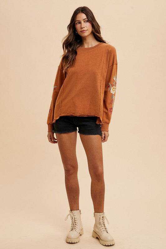 Annie Wear Embroidered Long Sleeve French Terry Top - Hovatok
