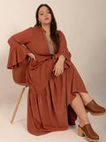 Plus Size Ruffled Notched Long Sleeve Midi Dress - Hovatok