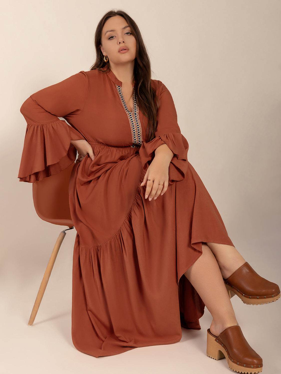 Plus Size Ruffled Notched Long Sleeve Midi Dress - Hovatok