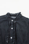 Button Down Raw Hem Ruffled Denim Shirt - Hovatok