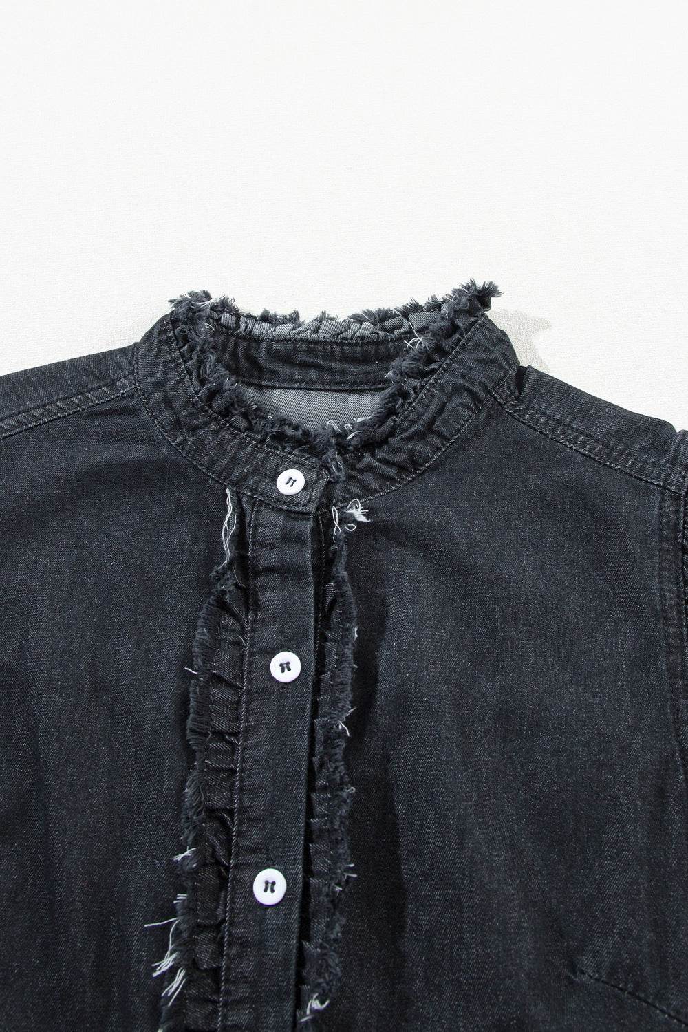 Button Down Raw Hem Ruffled Denim Shirt - Hovatok