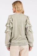 Mittoshop Ruffled Mineral Washed Round Neck Long Sleeve Sweatshirt - Hovatok
