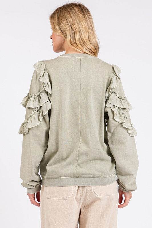 Mittoshop Ruffled Mineral Washed Round Neck Long Sleeve Sweatshirt - Hovatok