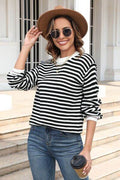 Angel Wings Striped Round Neck Dropped Shoulder Sweater - Hovatok