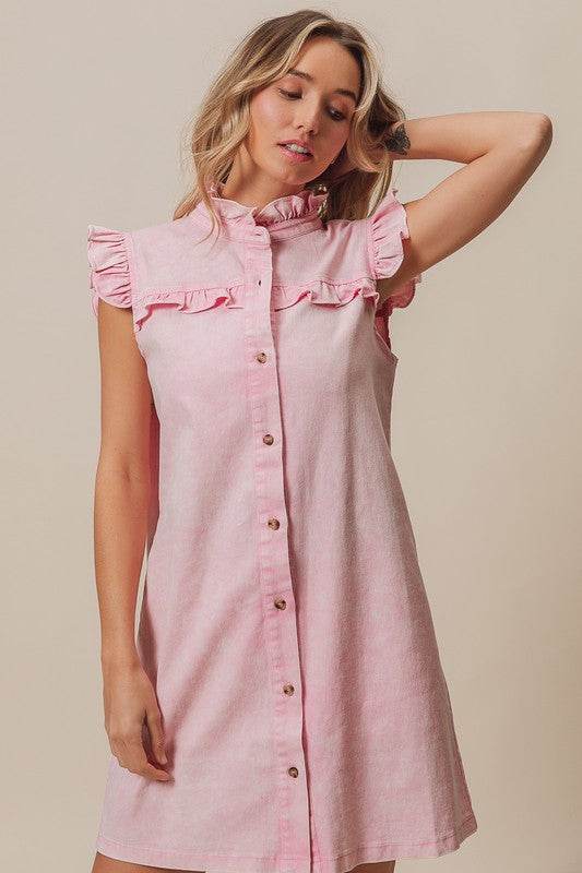 BiBi Washed Button Down Ruffled Cap Sleeve Denim Dress - Hovatok