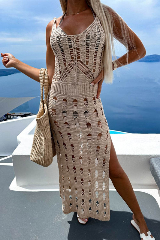 Openwork Slit Scoop Neck Sleeveless Cover Up - Hovatok