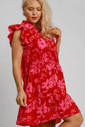 Umgee Full Size Floral Print Ruffle Cap Sleeve Tiered Dress Plus Size - Hovatok