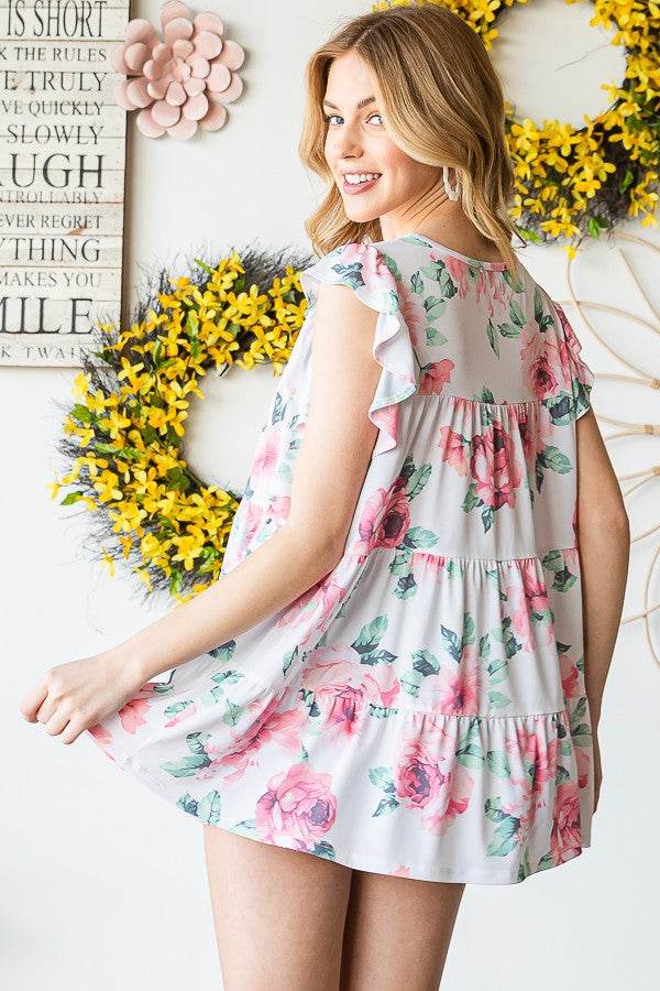 Heimish Full Size Butterfly Short Sleeve Round Neck Floral Print Tiered Top Plus Size - Hovatok