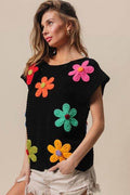 BiBi Flower Round Neck Cap Sleeve Knit Top - Hovatok