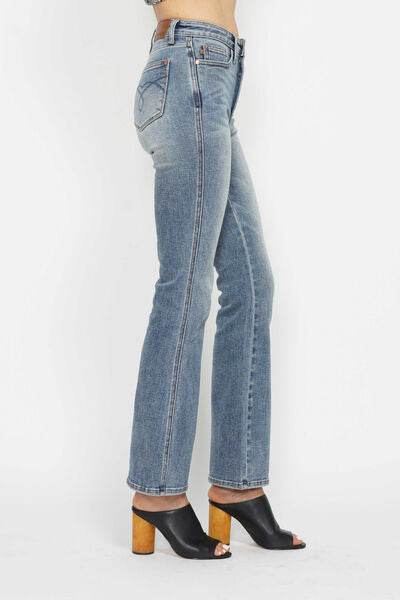 Judy Blue Full Size Tummy Control Back Embroidered Pocketed Bootcut Jeans Plus Size - Hovatok