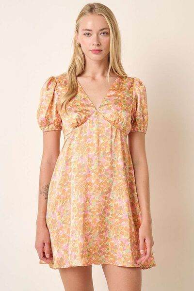 Mittoshop Printed V-Neck Puff Sleeve Mini Dress - Hovatok