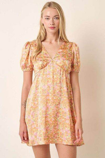 Mittoshop Printed V-Neck Puff Sleeve Mini Dress - Hovatok