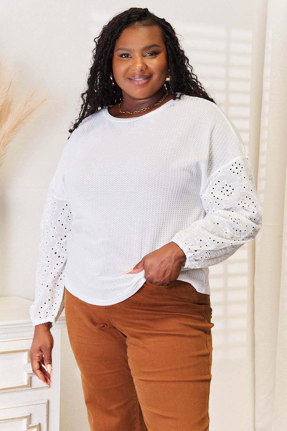 Shiny Eyelet Dropped Shoulder Round Neck Blouse - Hovatok