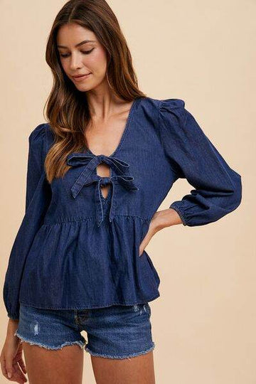 Annie Wear Tie Front Peplum Long Sleeve Denim Top - Hovatok