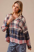 BiBi Drawstring Plaid Drop Shoulder Hoodie - Hovatok