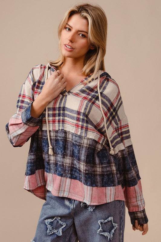 BiBi Drawstring Plaid Drop Shoulder Hoodie - Hovatok