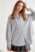 ADORA High-Low Striped Button Down Smocked Lantern Sleeve Shirt - Hovatok