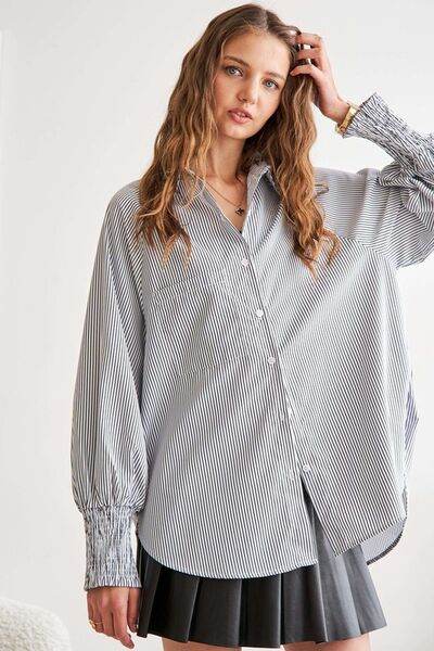 ADORA High-Low Striped Button Down Smocked Lantern Sleeve Shirt - Hovatok