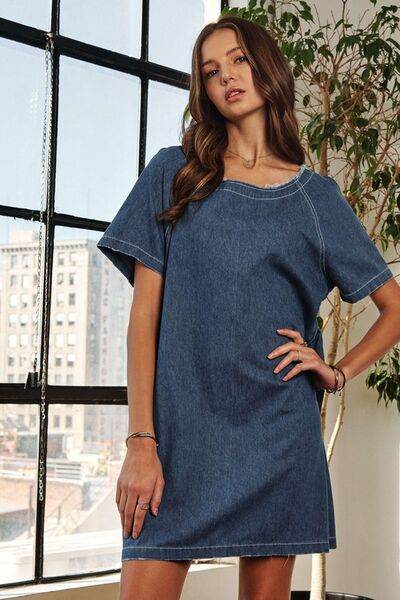 ADORA Raw Hem Mini Denim Dress with Pockets - Hovatok