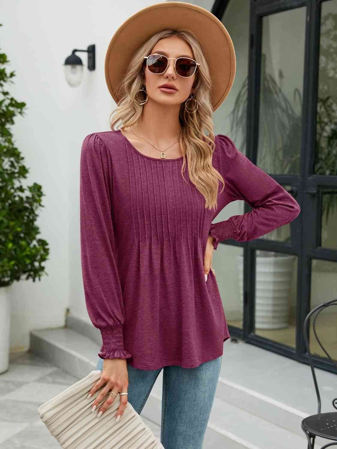 Smocked Round Neck Lantern Sleeve Blouse - Hovatok