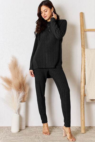 Basic Bae Full Size Ribbed Round Neck High-Low Slit Top and Pants Set - Hovatok