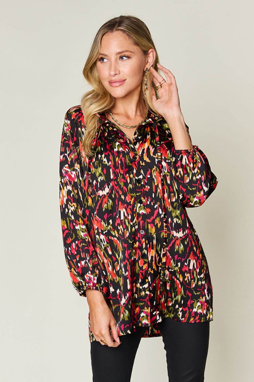Double Take Full Size Printed Button Up Long Sleeve Shirt - Hovatok
