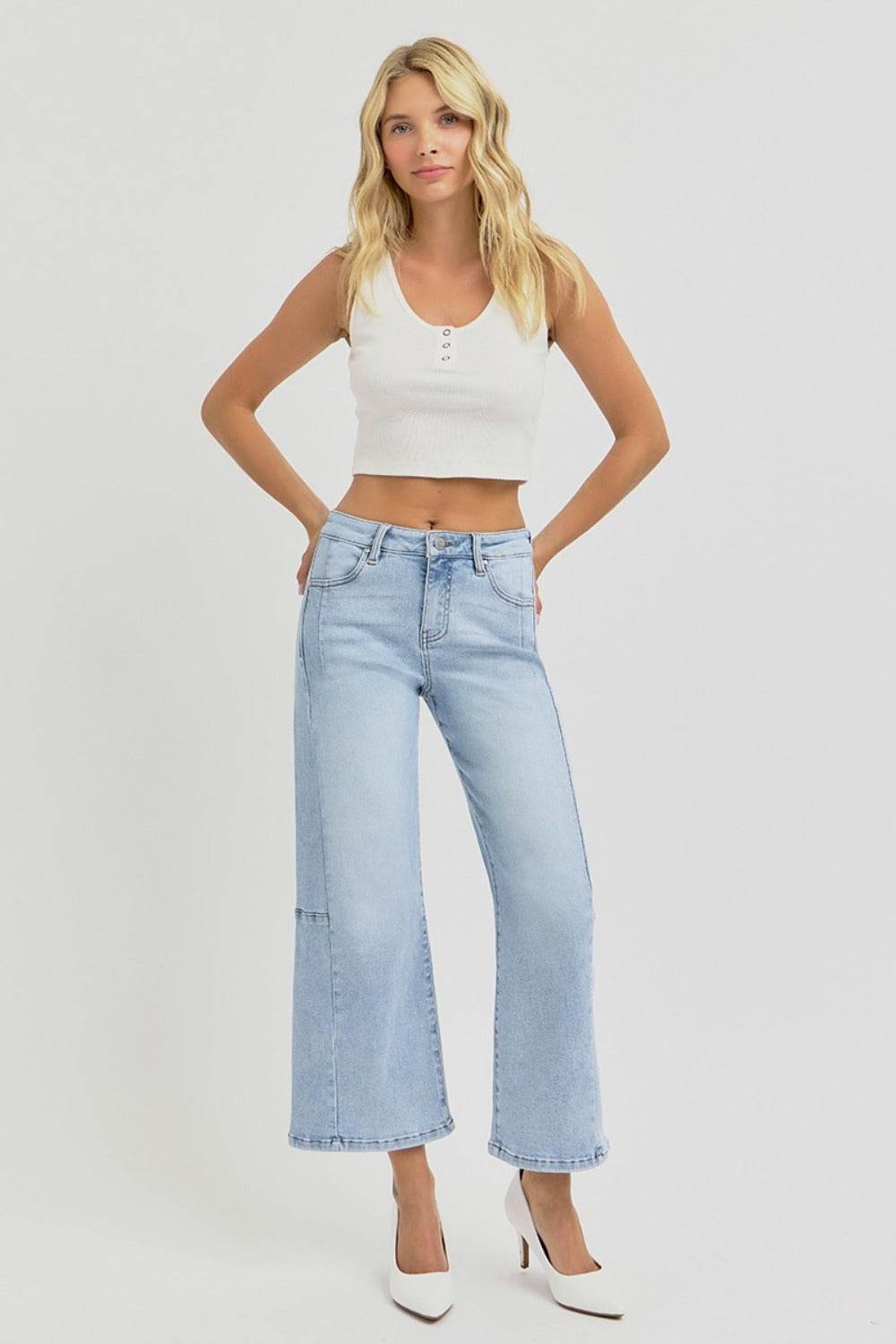 RISEN Full Size High Rise Seamed Detail Wide Leg Crop Jeans - Hovatok