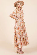 Mittoshop Floral Tie Waist Flutter Sleeve Tiered Dress - Hovatok