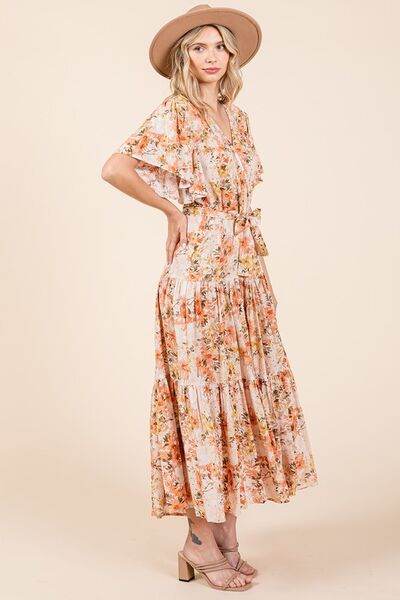 Mittoshop Floral Tie Waist Flutter Sleeve Tiered Dress - Hovatok