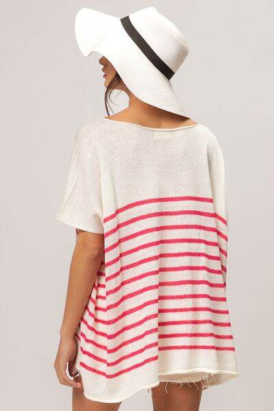 BiBi V Neck Striped Short Sleeve Top - Hovatok