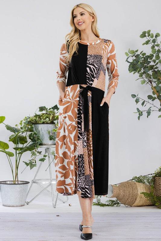 Celeste Full Size Multi Pattern Front Tie Midi Dress Plus Size - Hovatok